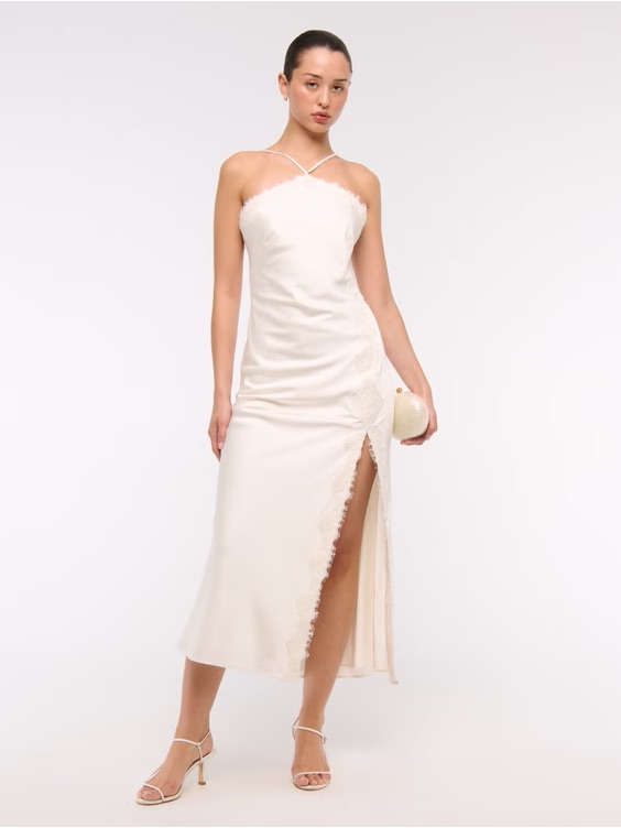 Abercrombie & Fitch Cream Lace-Trim Midi Slip Dress